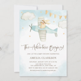 Convites Aquarelas Baby Bunny Airplane Chá de fraldas Azul