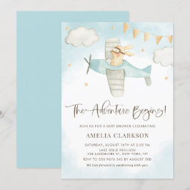 Convites Aquarelas Baby Bunny Airplane Chá de fraldas Azul