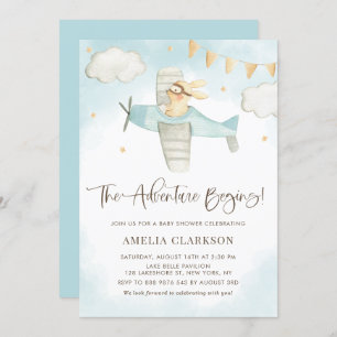 Convites Aquarelas Baby Bunny Airplane Chá de fraldas Azul