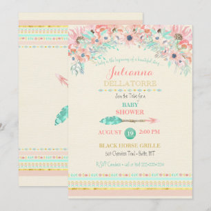 Convites Aquarelas Florais Boho Tribal em Tons de Pêssego e