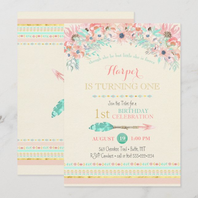 Convites Aquarelas Florais Boho Tribal Pêssego Mint Seta (Frente/Verso)
