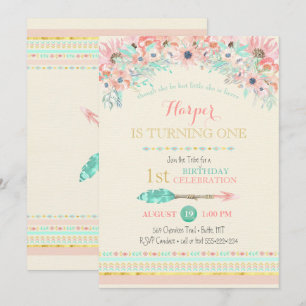 Convites Aquarelas Florais Boho Tribal Pêssego Mint Seta