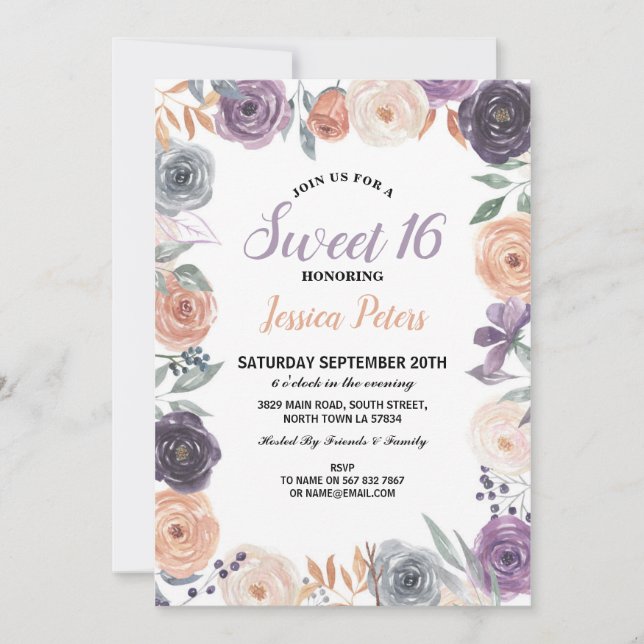 Convites Aquarelas Floral Sweet 16 Party Flowers Roxo (Frente)