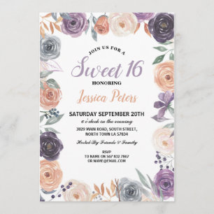 Convites Aquarelas Floral Sweet 16 Party Flowers Roxo