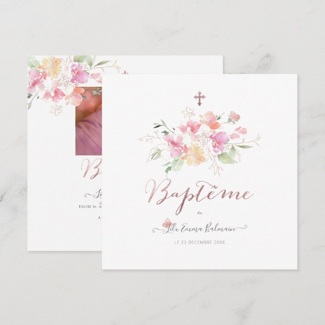 Convites Aquarelle Fluers de Pois Faire-part de Baptême (Frente/Verso)