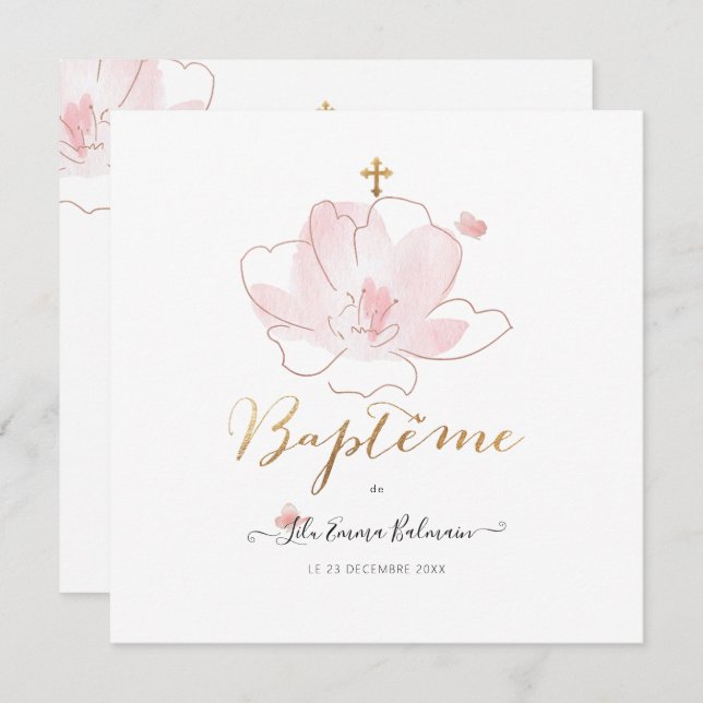 Convites Aquarelle Les Fluers Faire-part de Baptême (Frente/Verso)
