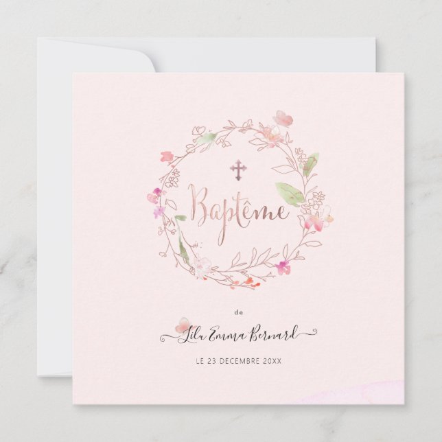 Convites Aquarelle Petites Fluers Faire-part de Baptême (Frente)