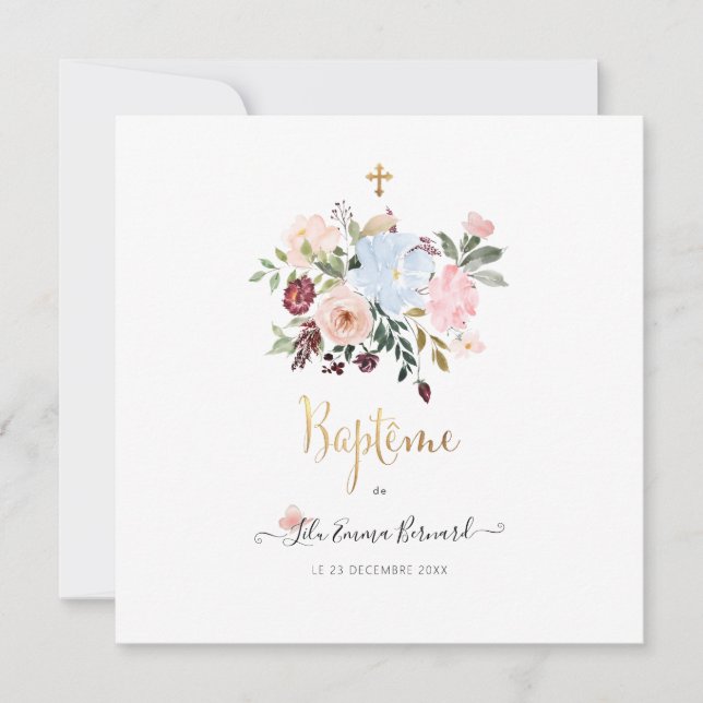Convites Aquarelle Petites Fluers Faire-part de Baptême (Frente)
