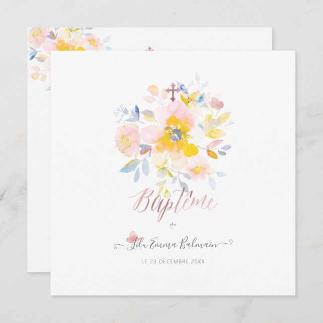 Convites Aquarelle Rosa de Jardin Faire-part de Baptême (Frente/Verso)