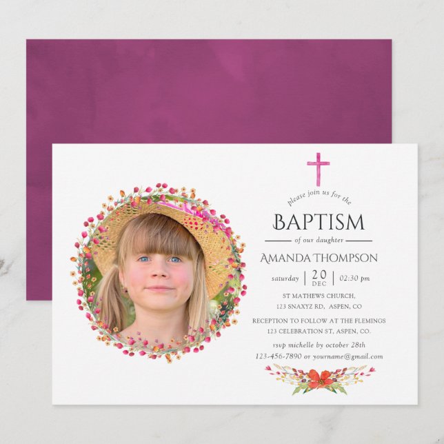 Convites Aquarelle Wildflower Baptism ou Christening (Frente/Verso)