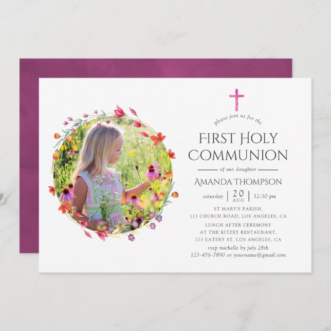 Convites Aquarelle Wildflower Baptism ou Christening (Frente/Verso)