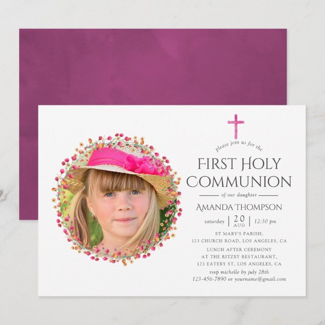 Convites Aquarelle Wildflower Primeira Comunhão Santa (Frente/Verso)