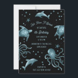 Convites Aquarium Sea Life Kids Ocean Festa de aniversário<br><div class="desc">Edite o texto para qualquer evento. Animais marinhos azuis ilustrados com cor preta de bg (editável)</div>
