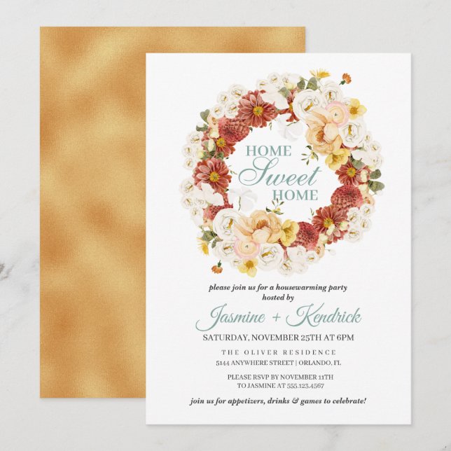 Convites Aquecimento Doméstico Rustic Autumn Floral Wreath (Frente/Verso)