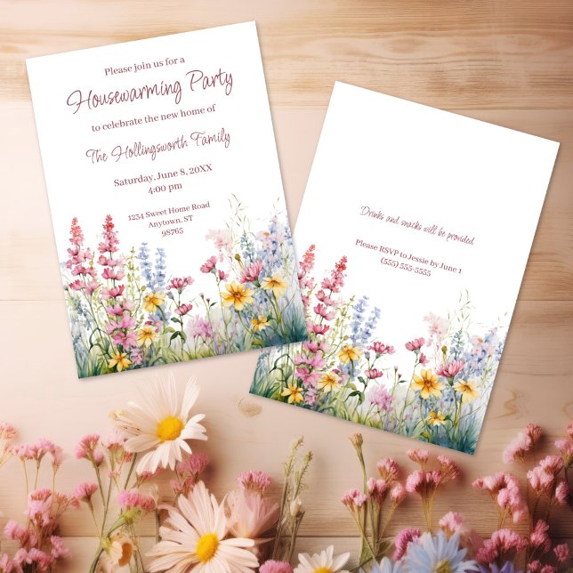 Convites Aquecimento Familiar Personalizado de Flor Selvage (Watercolor Wildflower Personalized Housewarming Invitation
)