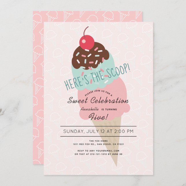 Convites Aqui está o aniversário da garota rosa Sorvete (Frente/Verso)