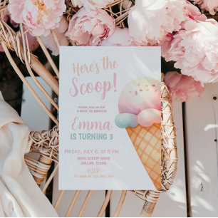 Convites Aqui está o Aniversário do Sorvete Rosa de Pastel 