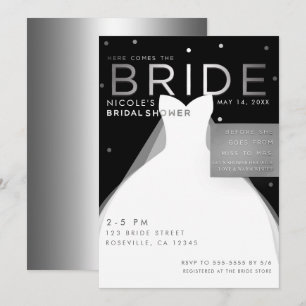 Convites Aqui vem NOIVA Preto Prata Branco Chuveiro de Noiv
