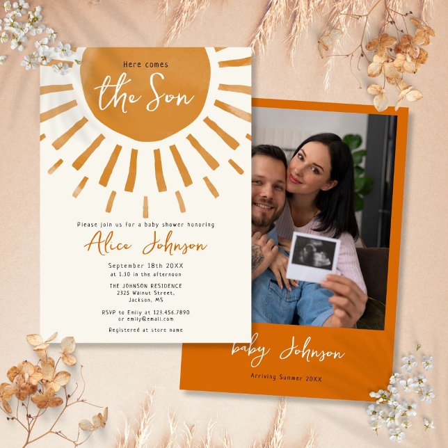 Convites Aqui Vem O Chá de fraldas De Foto Do Filho Boho Bo (Here Comes The Son Boho Boy Photo Baby Shower Invitation)