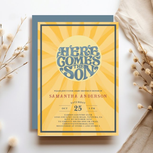 Convites Aqui vem o Chá de fraldas do Filho (Here Comes the Son retro baby shower invitation features fun sun shape typography with rays.)