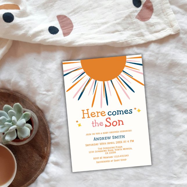 Convites Aqui Vem O Chá de fraldas Do Filho (Colorful Retro Here Comes The Son Baby Shower Invitation)