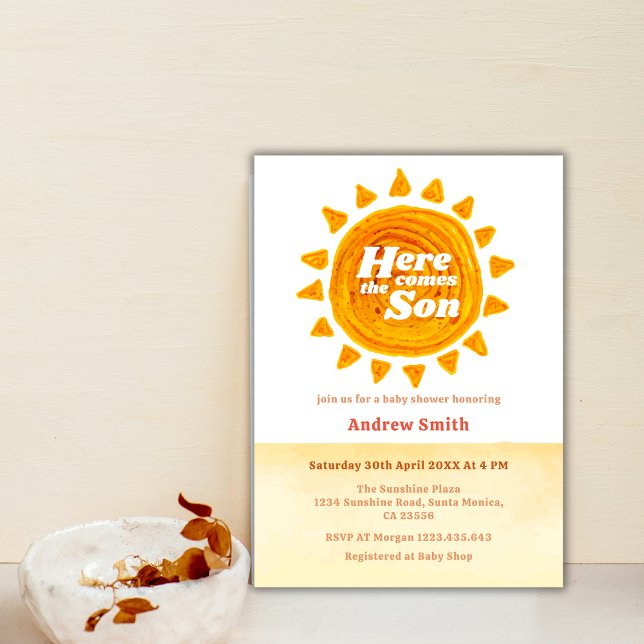 Convites Aqui Vem O Chá de fraldas Do Filho (Minimalist Boho Here Comes The Son Baby Shower Invitation)