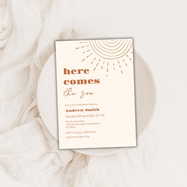 Convites Aqui Vem O Chá de fraldas Do Filho (Minimalist Boho Here Comes The Son Baby Shower Invitation)