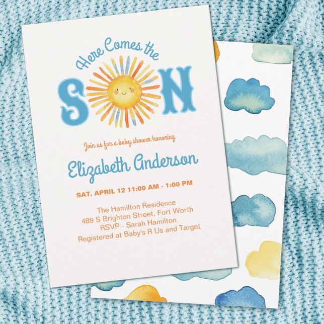 Convites Aqui vem o Chá de fraldas do Filho (A cute baby boy shower invitation with the theme,"Here Comes the Son" Adorable!)