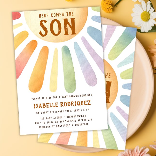 Convites Aqui vem o Chá de fraldas do Filho da Luz do Sol B (Here Comes the Son Sunshine Boho Boy Baby Shower Invitation)