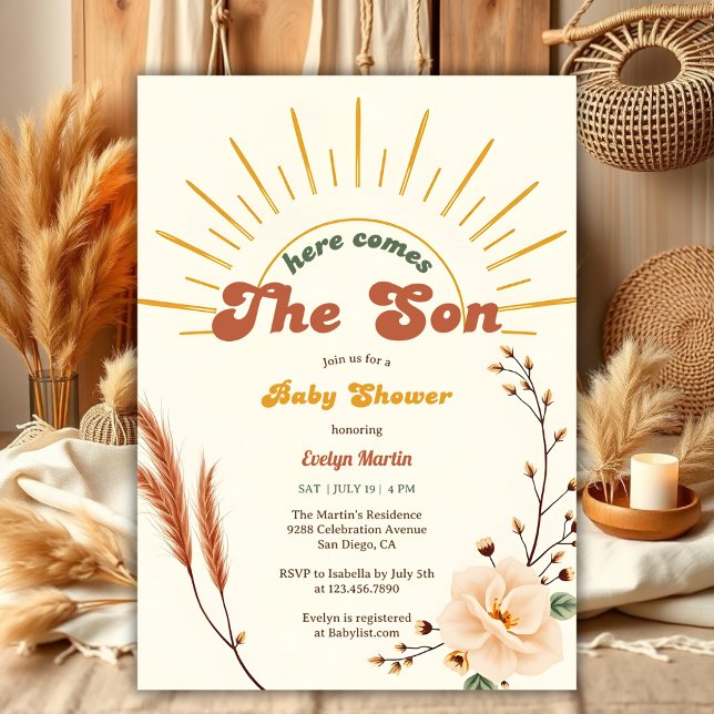 Convites Aqui Vem O Chá de fraldas Do Filho Da Sunshine Boh (Here Comes The Son Sunshine Boho Boy Baby Shower Invitation)
