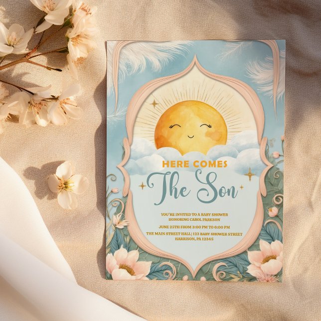 Convites Aqui vem o Chá de fraldas do Filho Menino (Here Comes the Son Baby Boy Baby Shower)