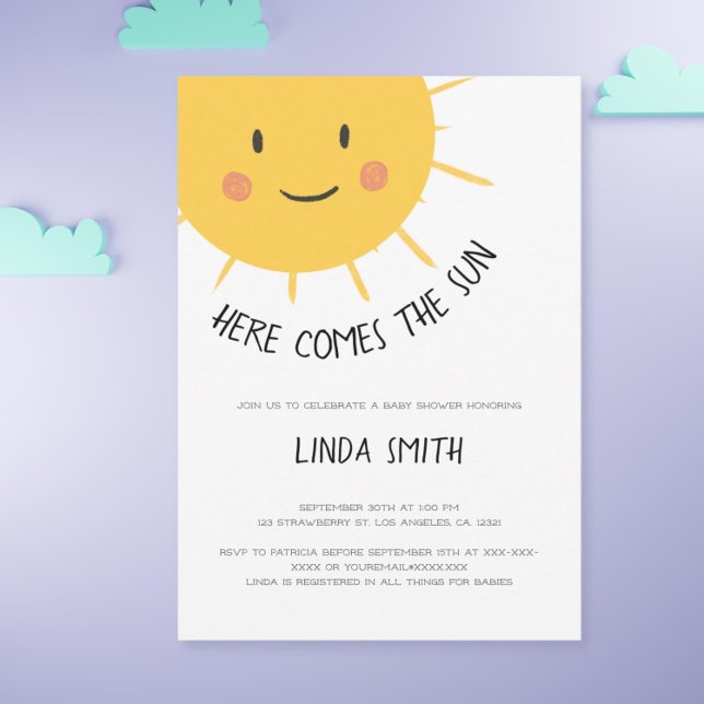 Convites Aqui vem o Chá de fraldas do Sol (Cute Here Comes the Sun Baby Shower Invitation)
