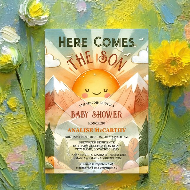 Convites Aqui Vem O Chá de fraldas Do Sol Filho (Celebrate the birth of your son by inviting your baby shower guests with this retro and fun invite.)