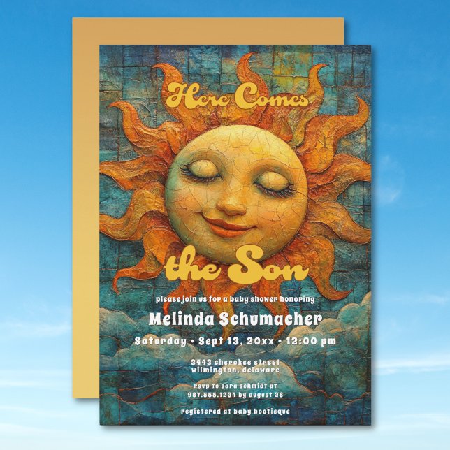 Convites Aqui vem o Chá de fraldas Filho Retro Celestial (Here Comes the Son Retro Celestial Baby Shower Invitation)