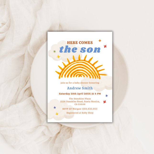Convites Aqui vem o Chá de fraldas Sol (Here comes The Sun Sunshine Baby Shower Invitation)