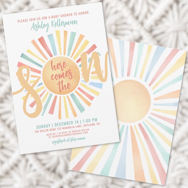 Convites Aqui Vem O Chá de fraldas Son Boho (Here Comes The Son Boy Baby Shower Invitation)