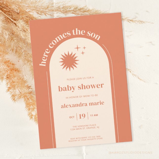 Convites Aqui vem o Chá de fraldas Son Terracotta Boho (Terracotta, Here comes the son, boho baby shower invitation. With arc, sunshine and stars details)
