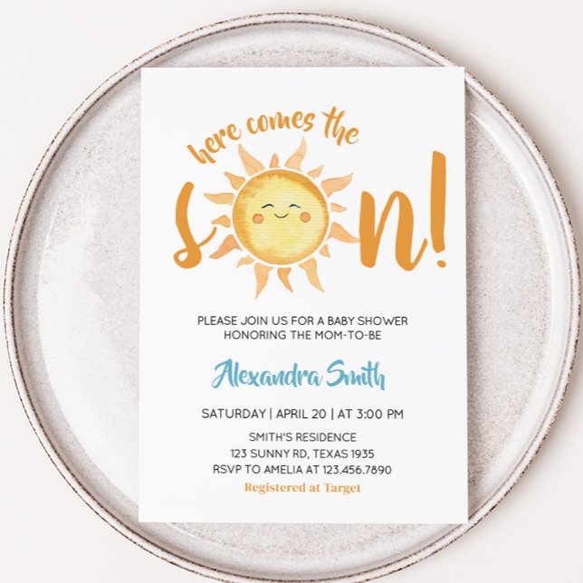 Convites Aqui vem o Chá de fraldas Sun Filho Cute (Here Comes the Son Baby Shower Invitation)