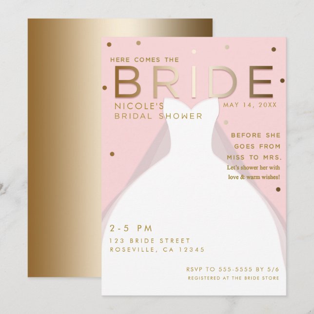 Convites Aqui vem o Chá de panela Dourado BRIDE Chic Pink (Frente/Verso)