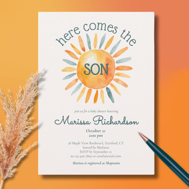 Convites Aqui vem o Chá do Filho Menino (here comes the son baby boy shower invitation, cute retro watercolor sun ray of sunshine)