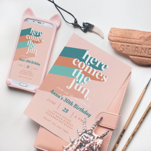 Convites Aqui vem o divertido Retro Boho aniversário de 30  (Criador carregado)