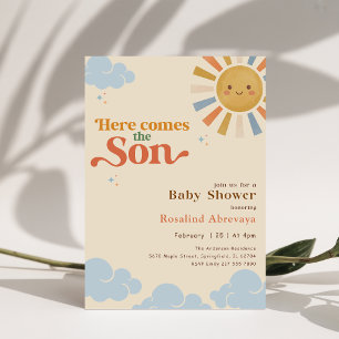 Convites Aqui Vem o Filho Boho Vintage Retro Chá de Bebê