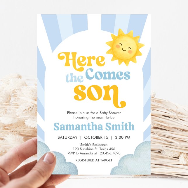 Convites Aqui Vem o Filho Chá de Bebê (Here Comes the Sun Baby Shower Invitation )