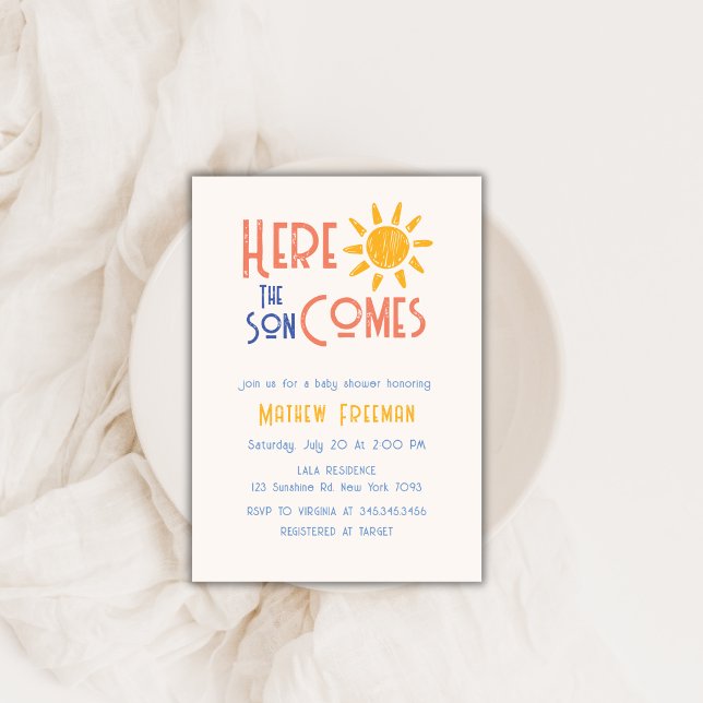 Convites Aqui Vem O Filho Chá de fraldas Retrosolar Mínimo (Here Comes The Son Minimal Retro Sun Baby Shower Invitation)