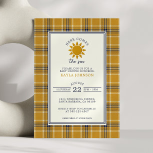 Convites Aqui Vem o Filho Preppy Xadrez Tartan Amarelo Azul