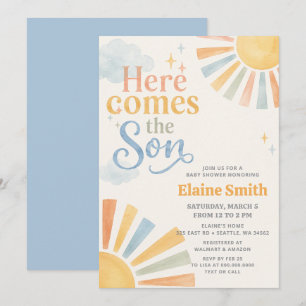 Convites Aqui vem o filho retro baby shower de menino