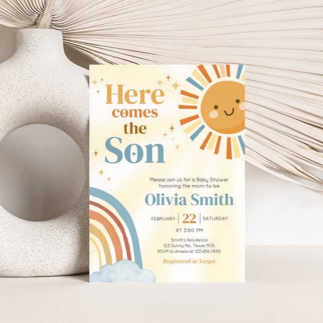 Convites Aqui vem o Filho Retro Sunshine Chá de fraldas (Here Comes the Son Retro Sunshine Baby Shower Invitation)