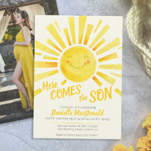Convites Aqui vem o filho sol amarelo foto chá de bebê