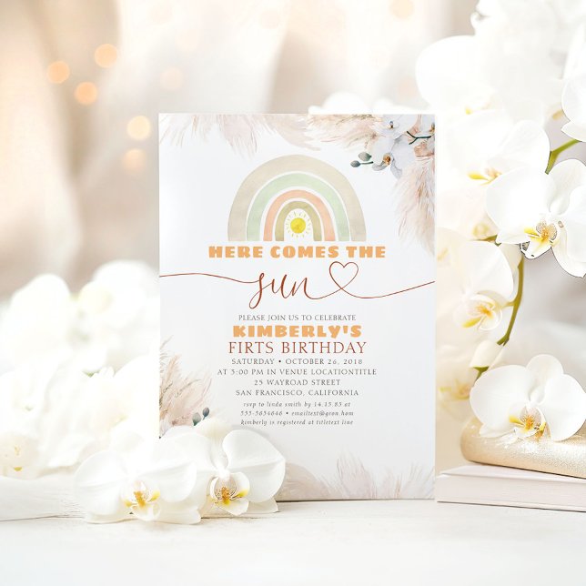 Convites Aqui Vem O primeiro aniversario Arco-Íris Do Sol (Here Comes The Sun Birthday Invitations)