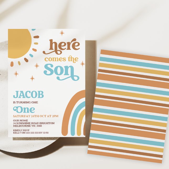 Convites Aqui Vem O primeiro aniversario Do Sol. (Here come the sun 1st birthday invitation boy, Retro sun first birthday party invitation, Sunshine)